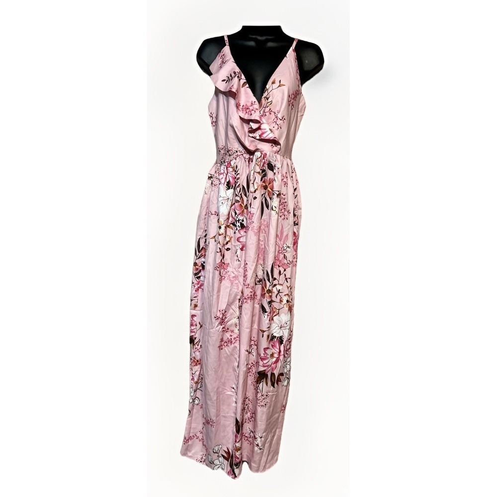 Pink Floral Maxi Dress Boho Spaghetti Strap V Neck Summer Beach Small